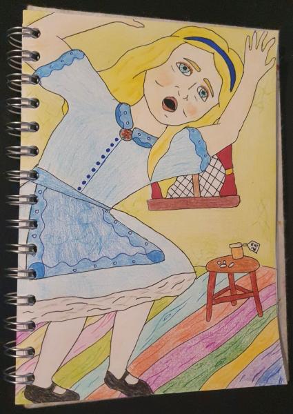 a drawing of alice in wonderland character